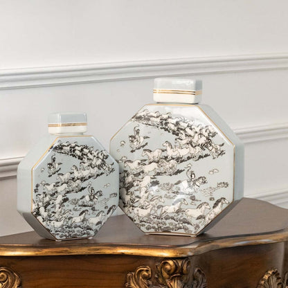 Pair of white octagon ceramic jars with grey floral artwork in a front view ideal for elegant home décor and minimalist tabletop styling.