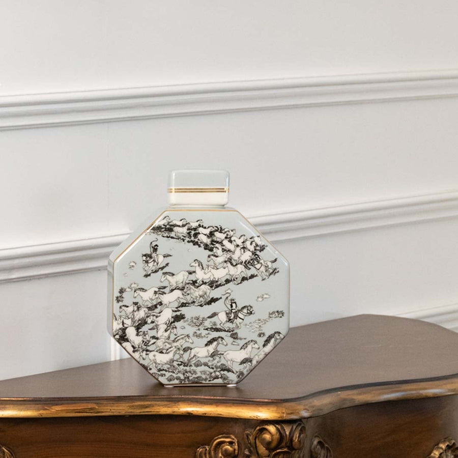 White octagon ceramic jar with grey floral artwork in a front view ideal for subtle tabletop décor and elegant living room styling.