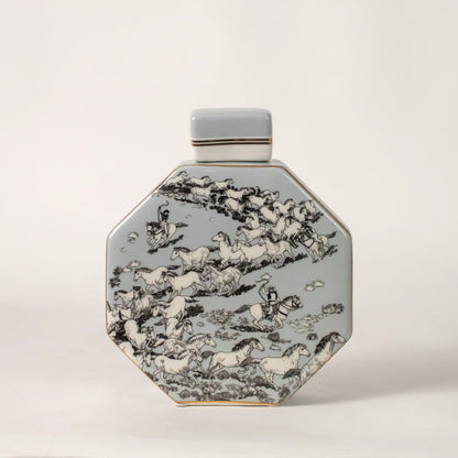 White ceramic jar with grey floral artwork ideal for subtle décor styling in living rooms or modern tabletop settings.