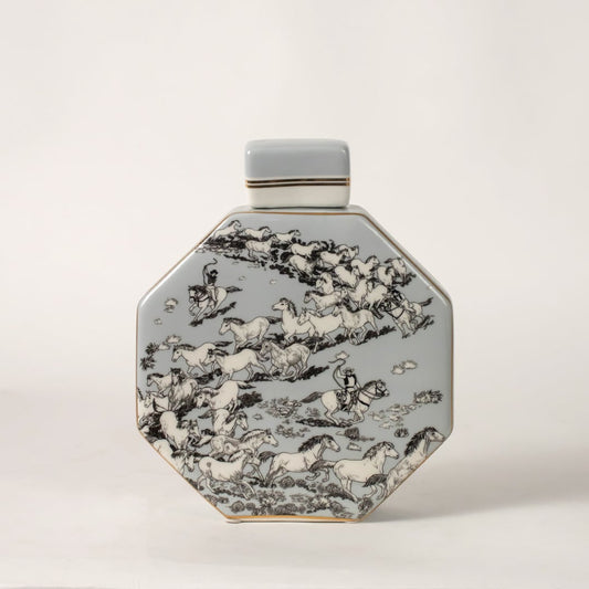 White ceramic jar with grey floral artwork ideal for subtle décor styling in living rooms or modern tabletop settings.