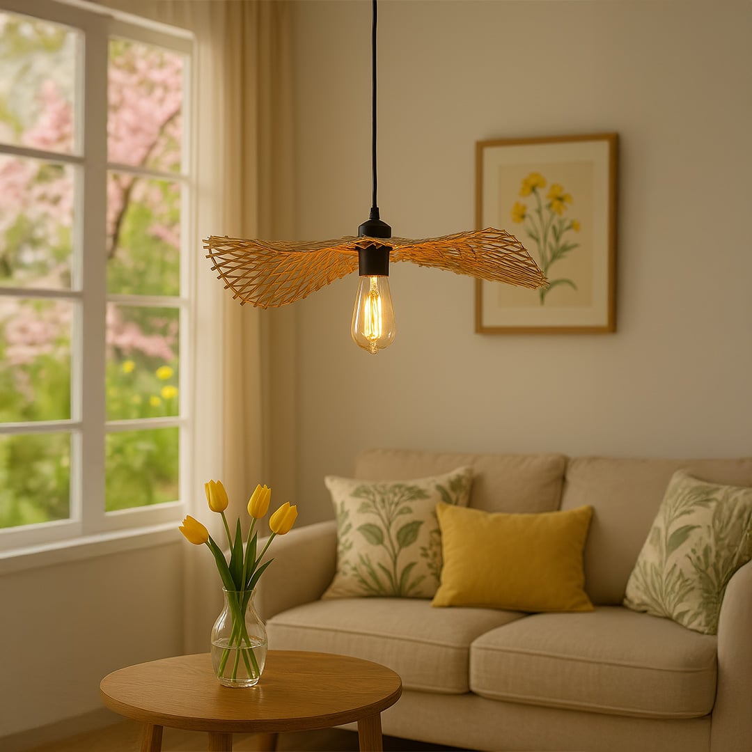 Handwoven rattan pendant light with exposed bulb glowing warmly above coffee table in cozy living room.