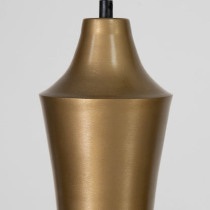 Gold metal pendant light with sleek conical design for stylish kitchen and dining room decor.