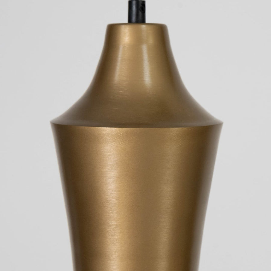 Gold metal pendant light with sleek conical design for stylish kitchen and dining room decor.