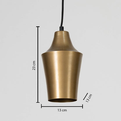 Antique brass metal pendant light dimension image with 13 cm width and 23 cm height for modern bedside placement.