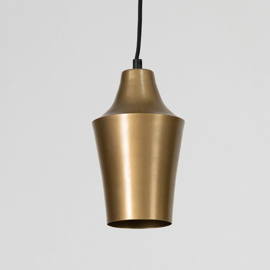 Gold metal pendant light with sleek conical design for stylish kitchen and dining room decor.