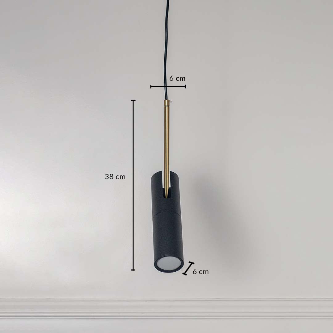Black cylindrical pendant light with golden detail measured 38x6 cm elegant ceiling lamp for modern bedroom and living interiors.