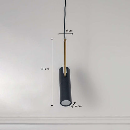 Black cylindrical pendant light with golden detail measured 38x6 cm elegant ceiling lamp for modern bedroom and living interiors.