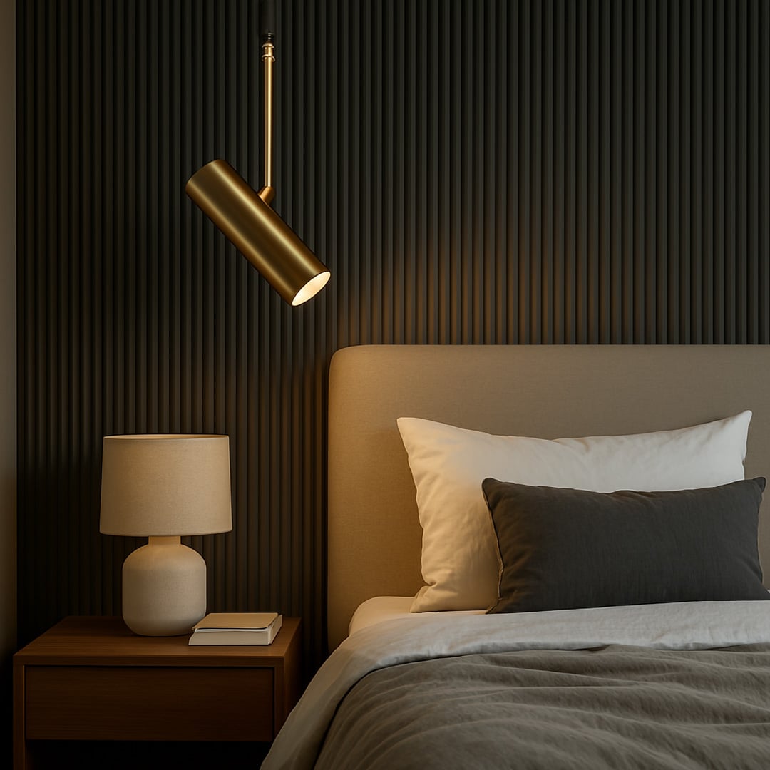 Elegant gold cylindrical pendant light glowing in bedroom corner modern ceiling lamp for luxury home lighting and interiors.