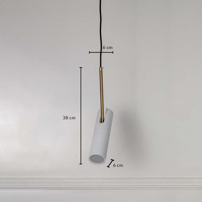White cylindrical pendant light with golden detail measured 38x6 cm sleek ceiling lamp for modern bedroom and dining interiors.