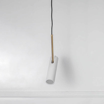 White cylindrical metal pendant light with polished gold details crafted for stylish modern spaces.