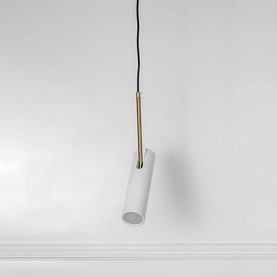 White cylindrical metal pendant light with polished gold details crafted for stylish modern spaces.