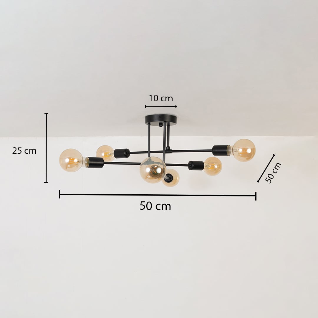 Black chandelier shown with 25 cm height 50 cm width and 50 cm depth providing a clear view of its exact measured dimensions.