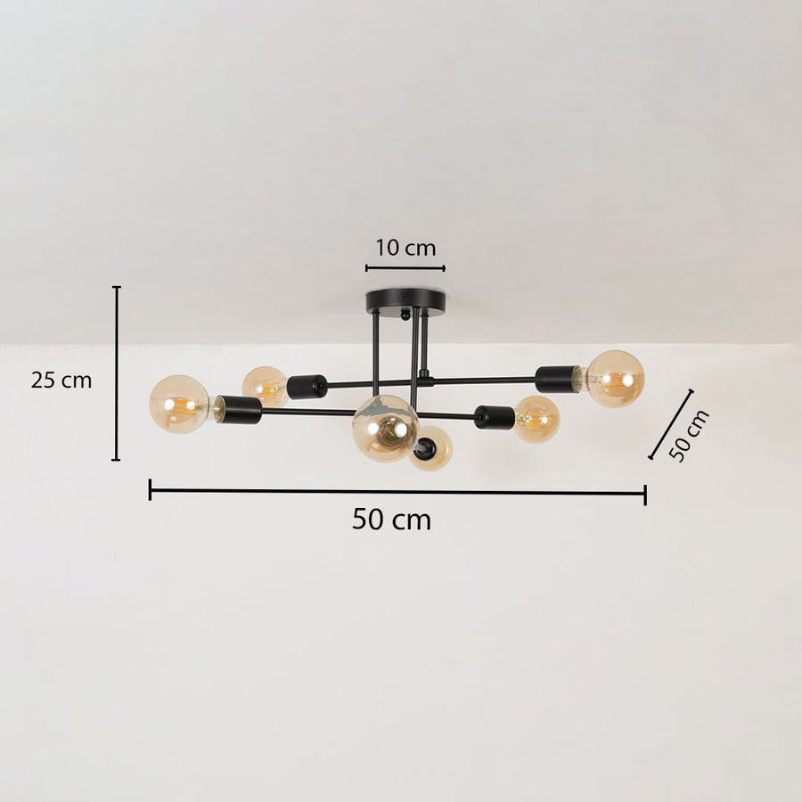 Black chandelier shown with 25 cm height 50 cm width and 50 cm depth providing a clear view of its exact measured dimensions.