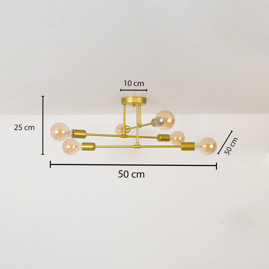 Gold chandelier shown with 25 cm height 50 cm width and 50 cm depth offering a clear visual reference of its exact dimensions
