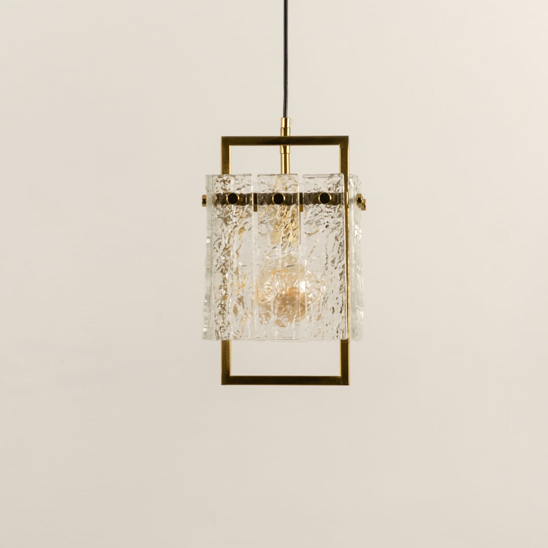 Square Frame Cracked Glass Pendant Light Gold Light Off White Background