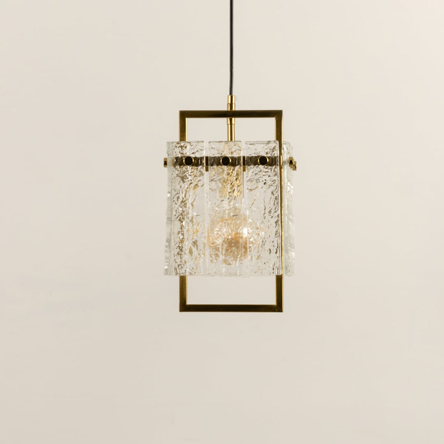Square Frame Cracked Glass Pendant Light Gold Light Off White Background
