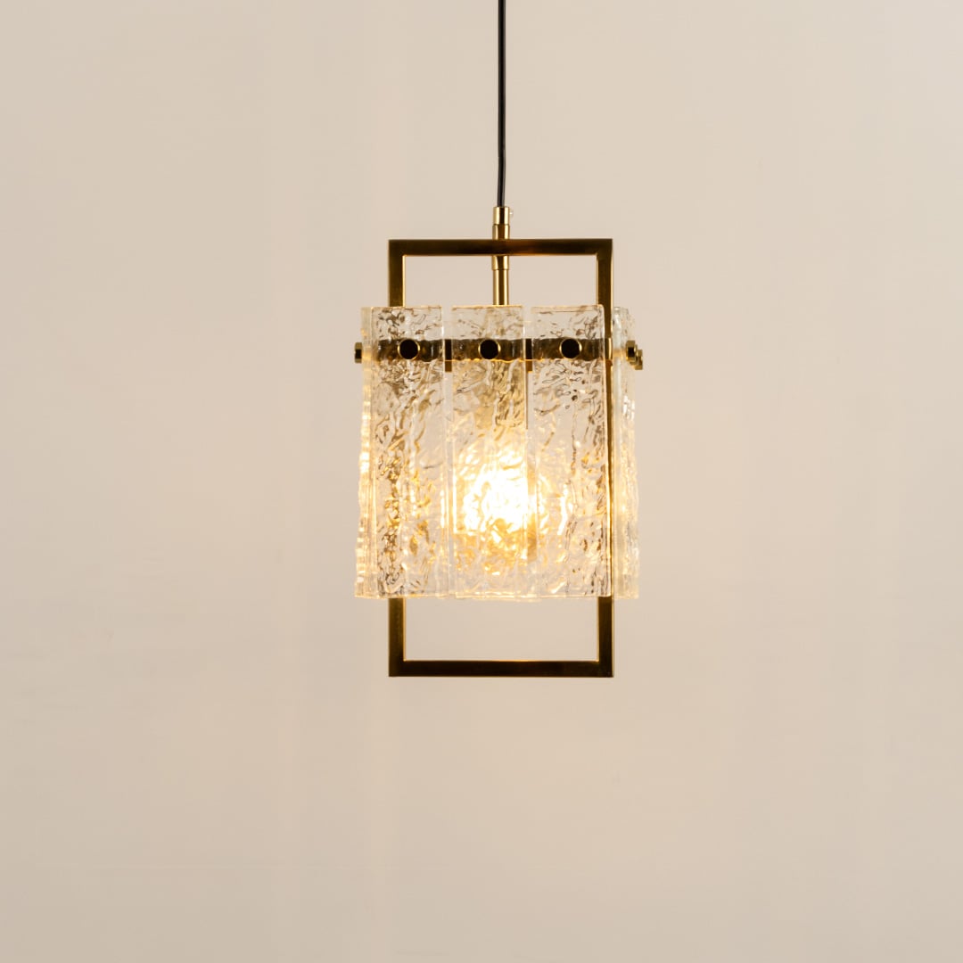 Square Frame Cracked Glass Pendant Light Gold Light On White Background