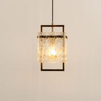 Square Frame Cracked Glass Pendant Light Gold Light On White Background