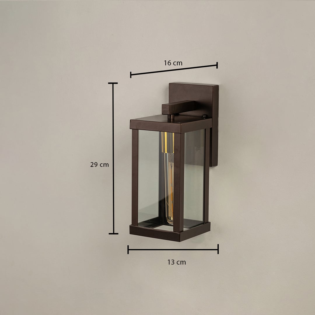 Bronze outdoor wall lantern showing size clearly with height 29 cm width 13 cm and depth 16 cm ideal for patio porch balcony garden and entryway lighting.