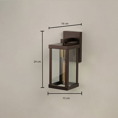 Bronze outdoor wall lantern showing size clearly with height 29 cm width 13 cm and depth 16 cm ideal for patio porch balcony garden and entryway lighting.