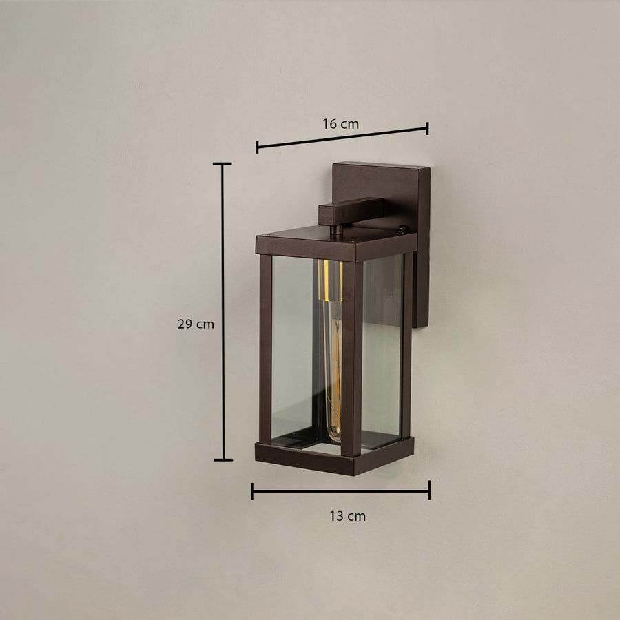 Bronze outdoor wall lantern showing size clearly with height 29 cm width 13 cm and depth 16 cm ideal for patio porch balcony garden and entryway lighting.