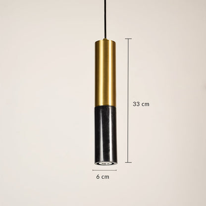 Black glass pendant light with gold metal cap displaying 34 cm height and 6 cm diameter designed for focused ceiling lighting.