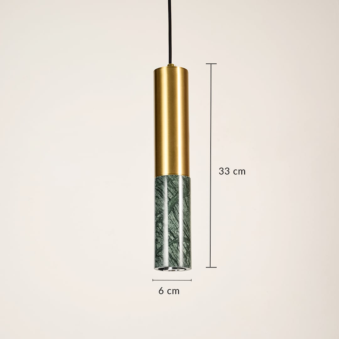 Slim pendant light with green ribbed glass and gold metal top showing 34 cm height and 6 cm diameter for ceiling installation.