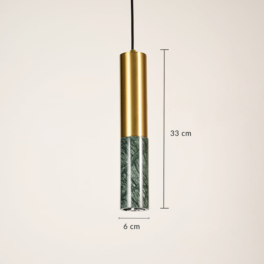Slim pendant light with green ribbed glass and gold metal top showing 34 cm height and 6 cm diameter for ceiling installation.