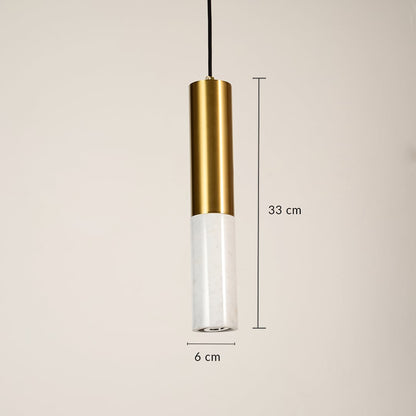 Minimal pendant light with white glass cylinder and gold metal holder showing 34 cm height and 6 cm diameter for modern interiors.
