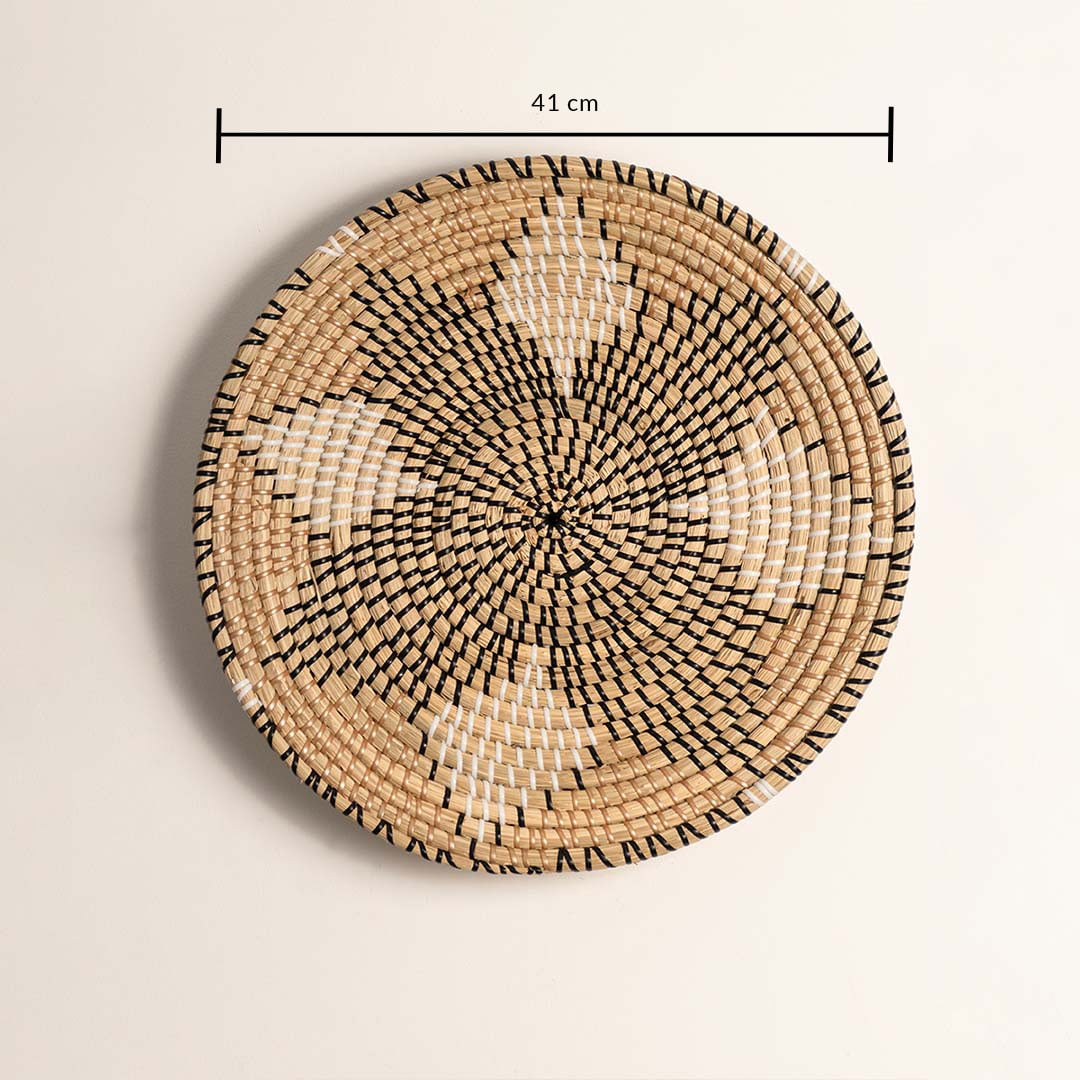 Large woven wall basket measuring 41 cm in diameter featuring a black and white geometric pattern on a white background.