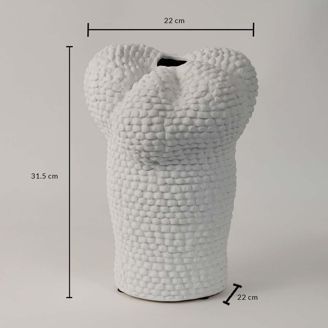 Pebble white ceramic vase measuring 31 cm in height 22 cm in width and 22 cm in base diameter shown with clear labeled dimensions