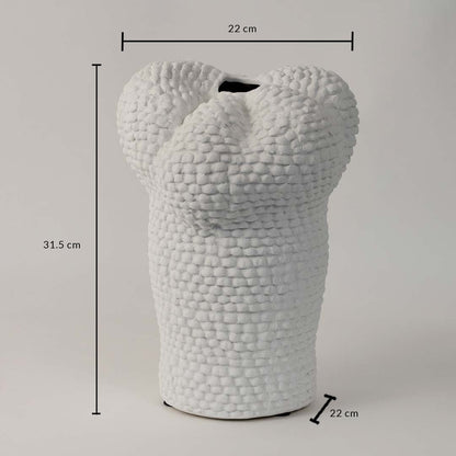 Pebble white ceramic vase measuring 31 cm in height 22 cm in width and 22 cm in base diameter shown with clear labeled dimensions