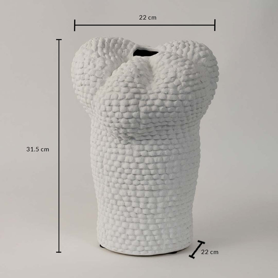 Pebble white ceramic vase measuring 31 cm in height 22 cm in width and 22 cm in base diameter shown with clear labeled dimensions