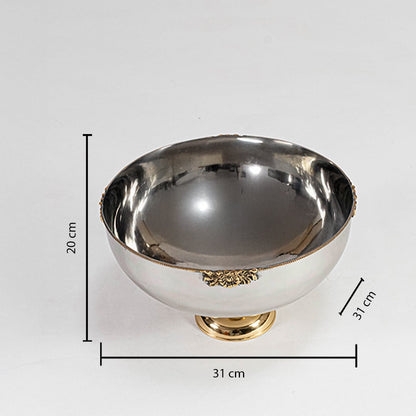 Silver pedestal bowl with gold base shown with labeled dimensions 21 cm height 27 cm width and 10 cm base diameter.