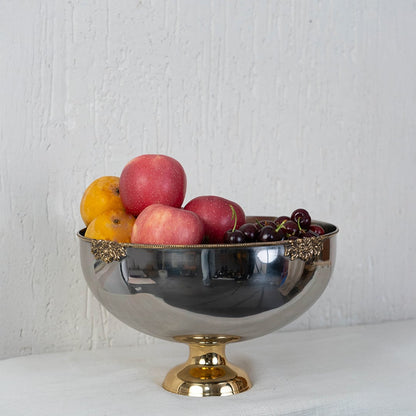 Silver and gold fruit bowl packaged inside premium black box with inner cushioning for gifting and safe transit.