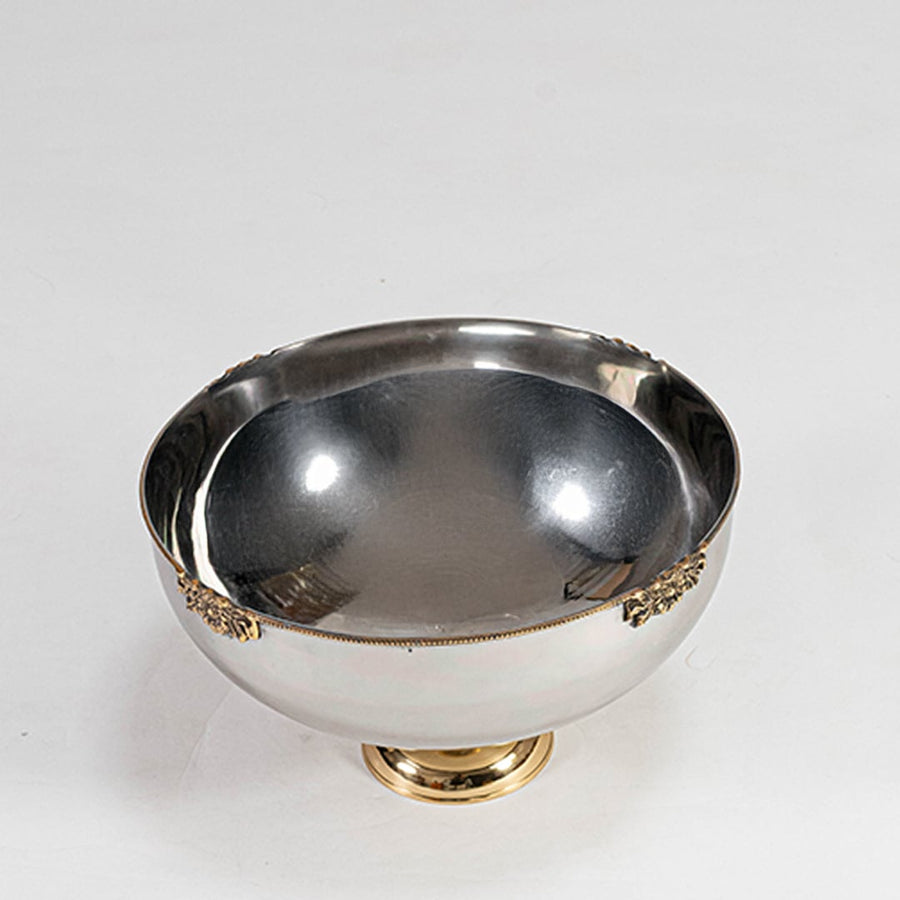Polished silver fruit bowl with gold base displayed on white background showing clean shape and high shine.