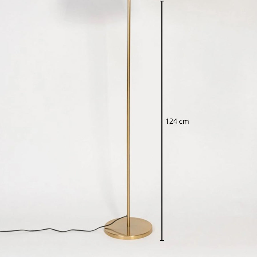 Tall metal floor lamp 124 cm long with compact base photographed on white background showcasing streamlined structure premium finish and minimalist interior lighting style.