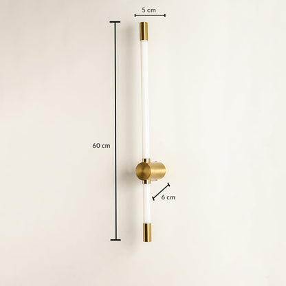 Gold metal and frosted glass modern vertical linear wall sconce lighting fixture showing a 60cm height dimension.