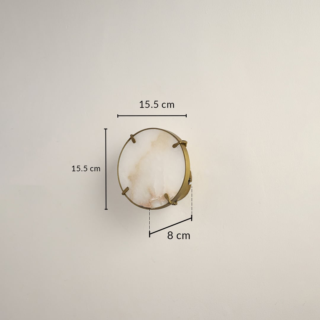 Marble gold wall light with 15.5 cm height 15.5 cm width and 8 cm depth for modern decor spaces.

