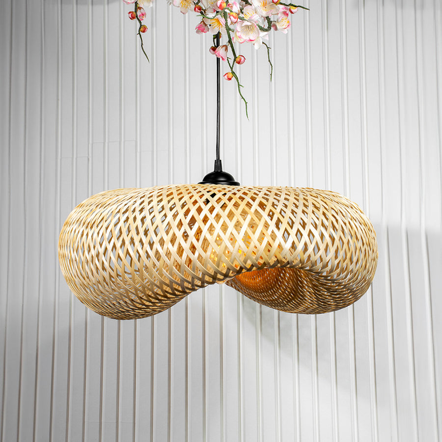 Artistic woven rattan pendant light with organic shape modern hanging lamp for living room bedroom boho decor lighting.

