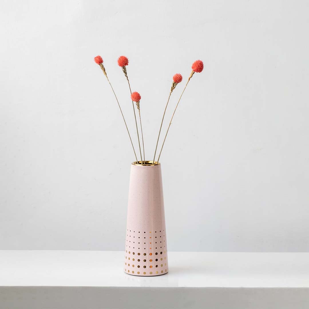 Bright coral dried flower stem styled in a warm modern room adding a bold natural accent to contemporary home decor.