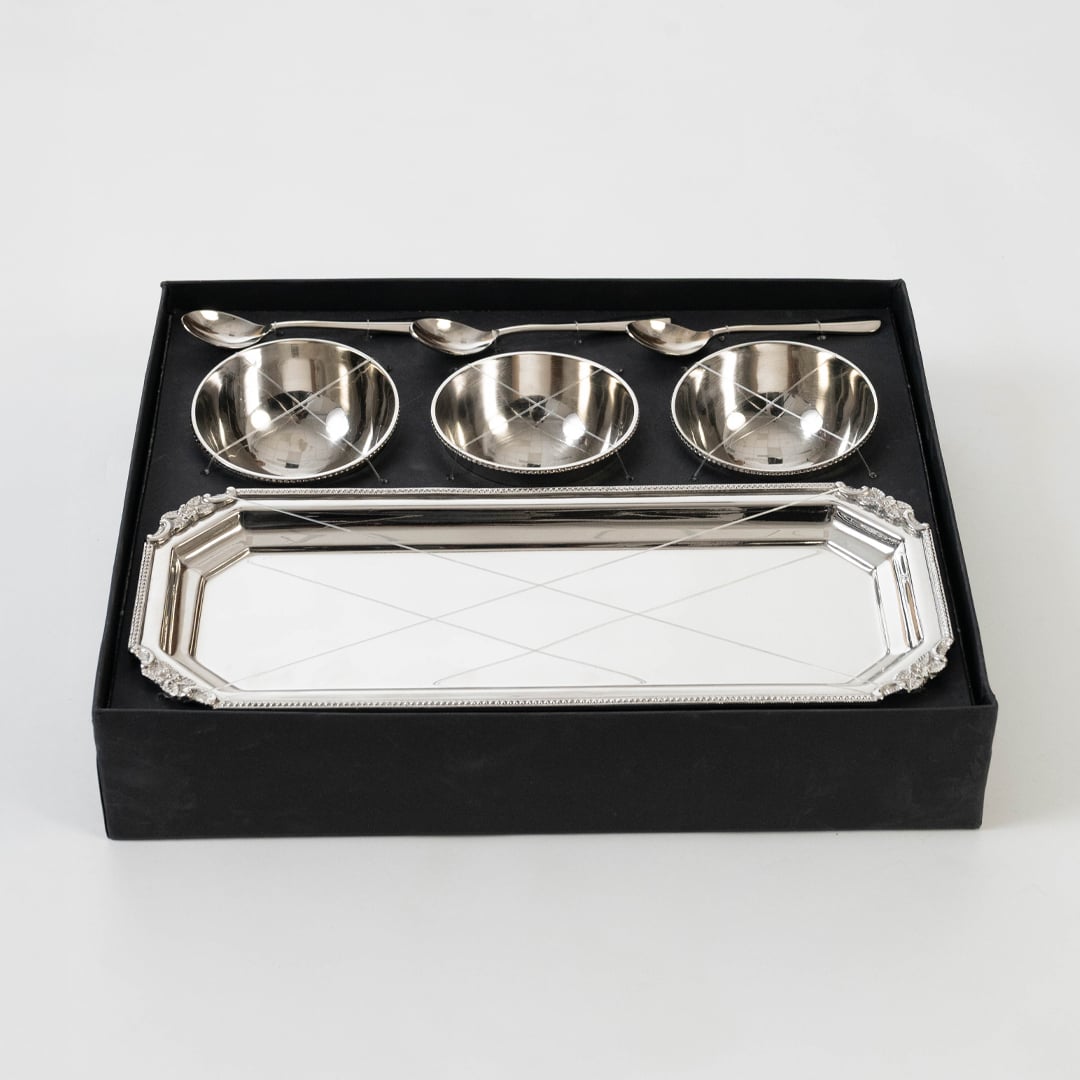 Rectangular silver tray with stepped edges and polished finish displayed vertically on plain white background.