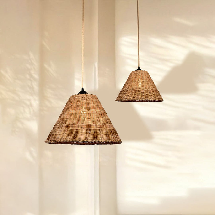 Handwoven rattan pendant lamp bringing earthy charm and warm illumination to elegant home interiors.