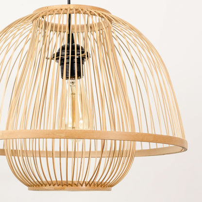 Natural bamboo pendant light with wide dome cage design and vertical slat pattern hanging against minimal neutral wall background for warm boho interiors.
