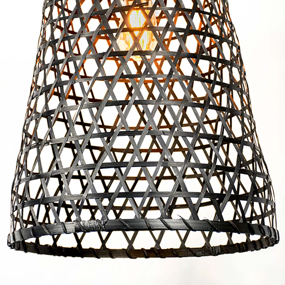 Closeup of black bamboo pendant light showing intricate handwoven detailing and fine craftsmanship.