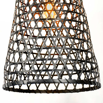 Closeup of black bamboo pendant light showing intricate handwoven detailing and fine craftsmanship.