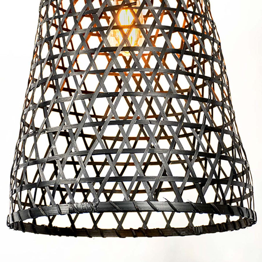 Closeup of black bamboo pendant light showing intricate handwoven detailing and fine craftsmanship.