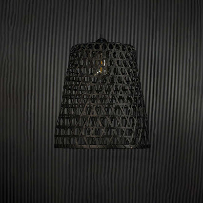 Black bamboo pendant light on dark background highlighting its geometric weave pattern and natural finish.