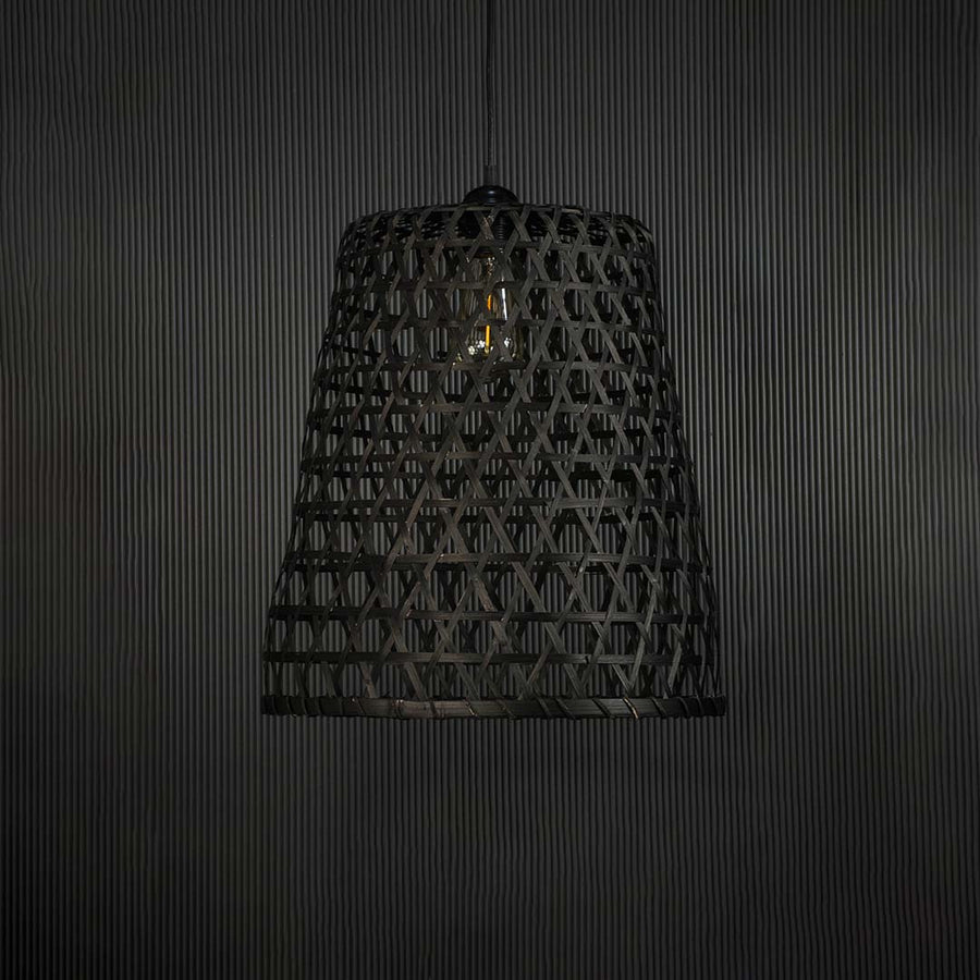 Black bamboo pendant light on dark background highlighting its geometric weave pattern and natural finish.