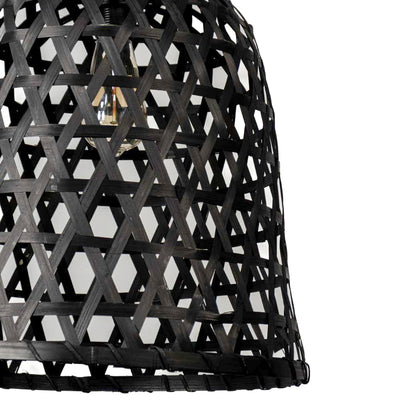 Closeup of black rattan pendant light showing intricate weave design and detailed craftsmanship in soft lighting.